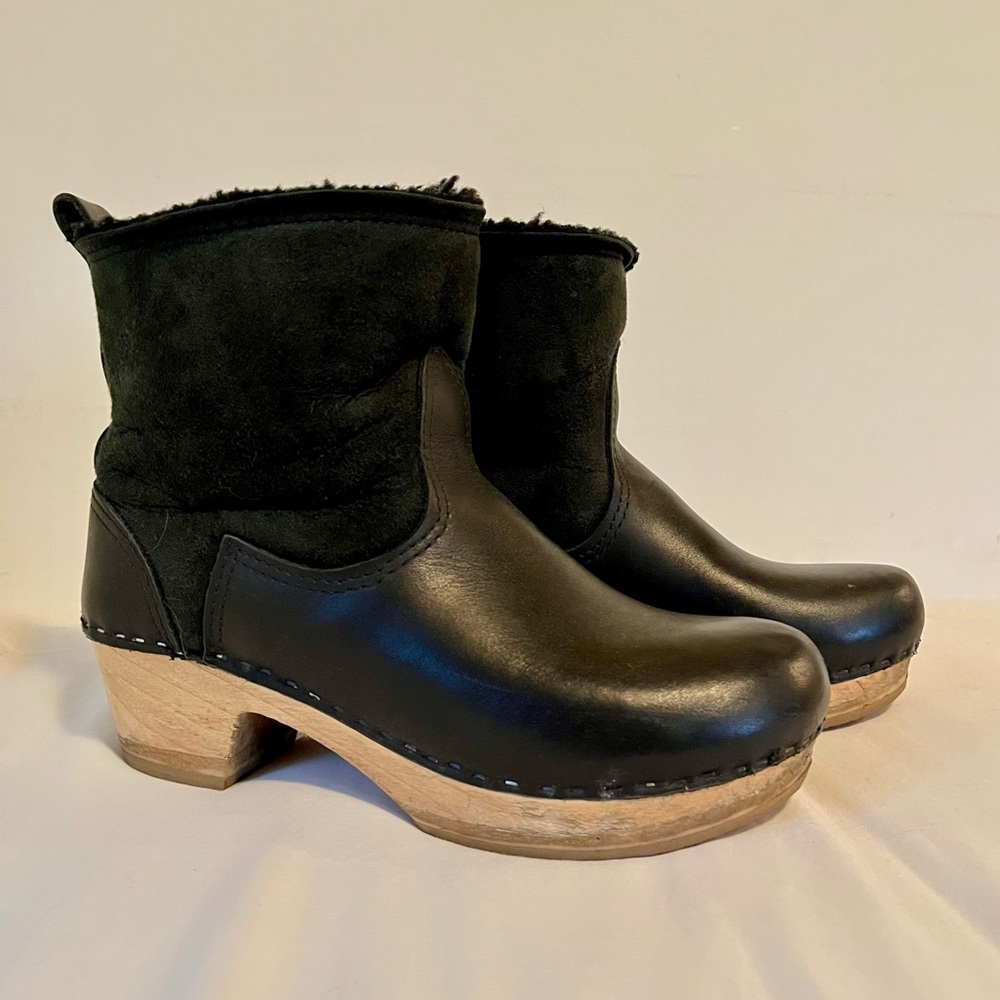No.6 Blk Leather & shearling clog boots. Recently cleaned & reinforced sole 39